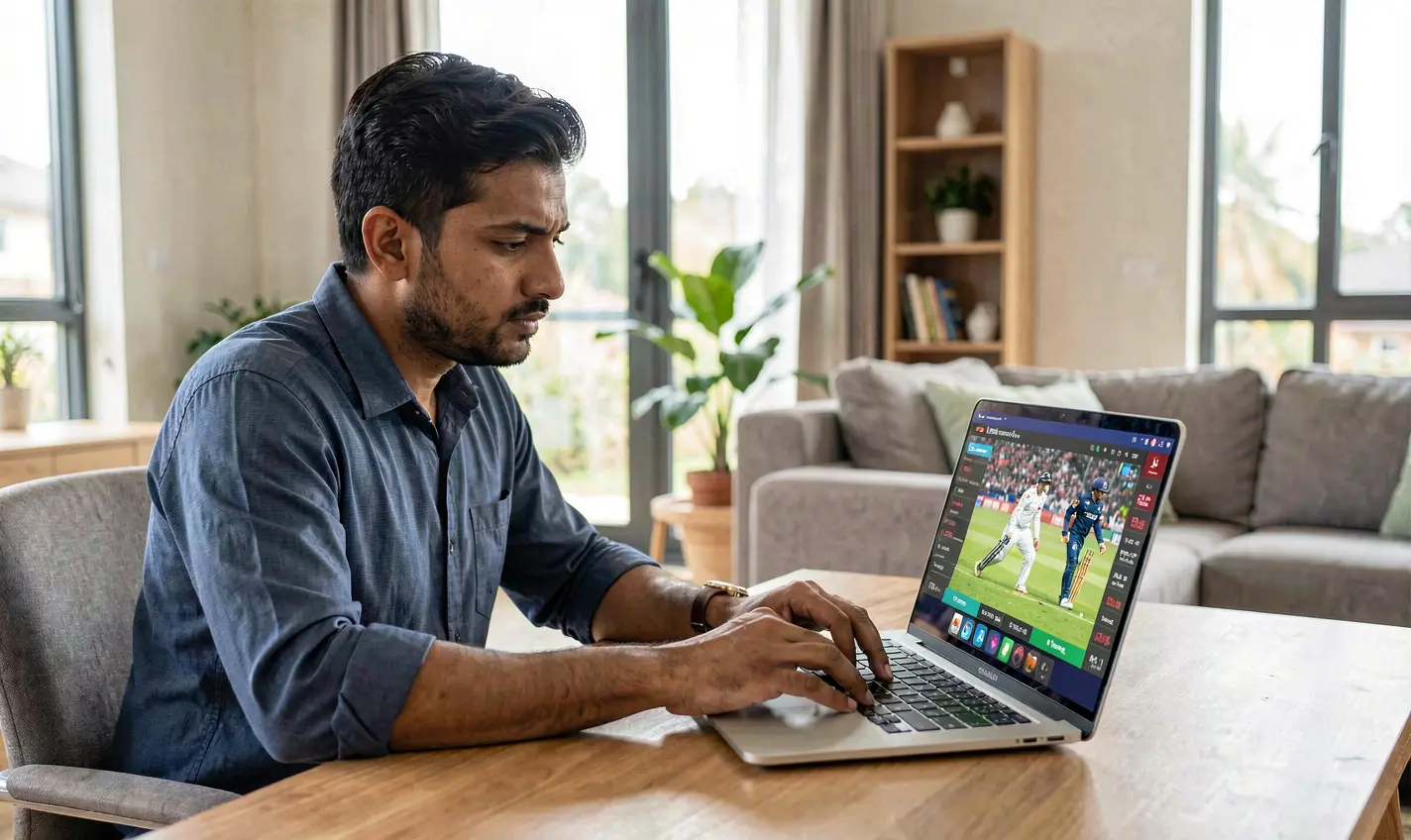 TK288 Bet – Place smart live sports bets with real time odds in Bangladesh Focused Bangladeshi player analyzing live cricket betting odds on a laptop using TK288 in a comfortable home setting