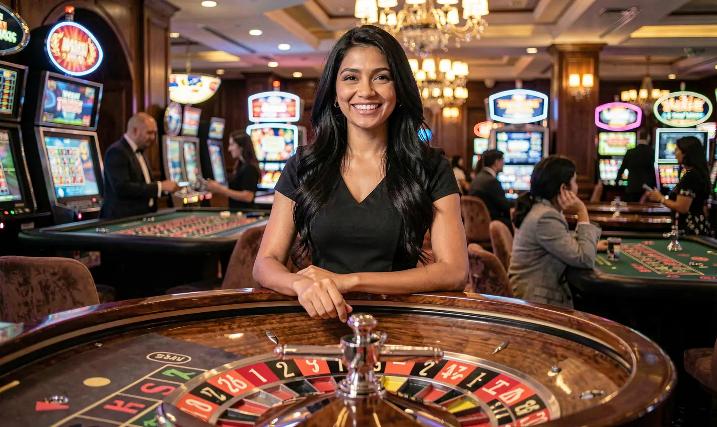 Confident casino dealer standing at a roulette table with vibrant lights and a modern casino atmosphere showcasing the immersive live casino experience at TK288 for players in Bangladesh