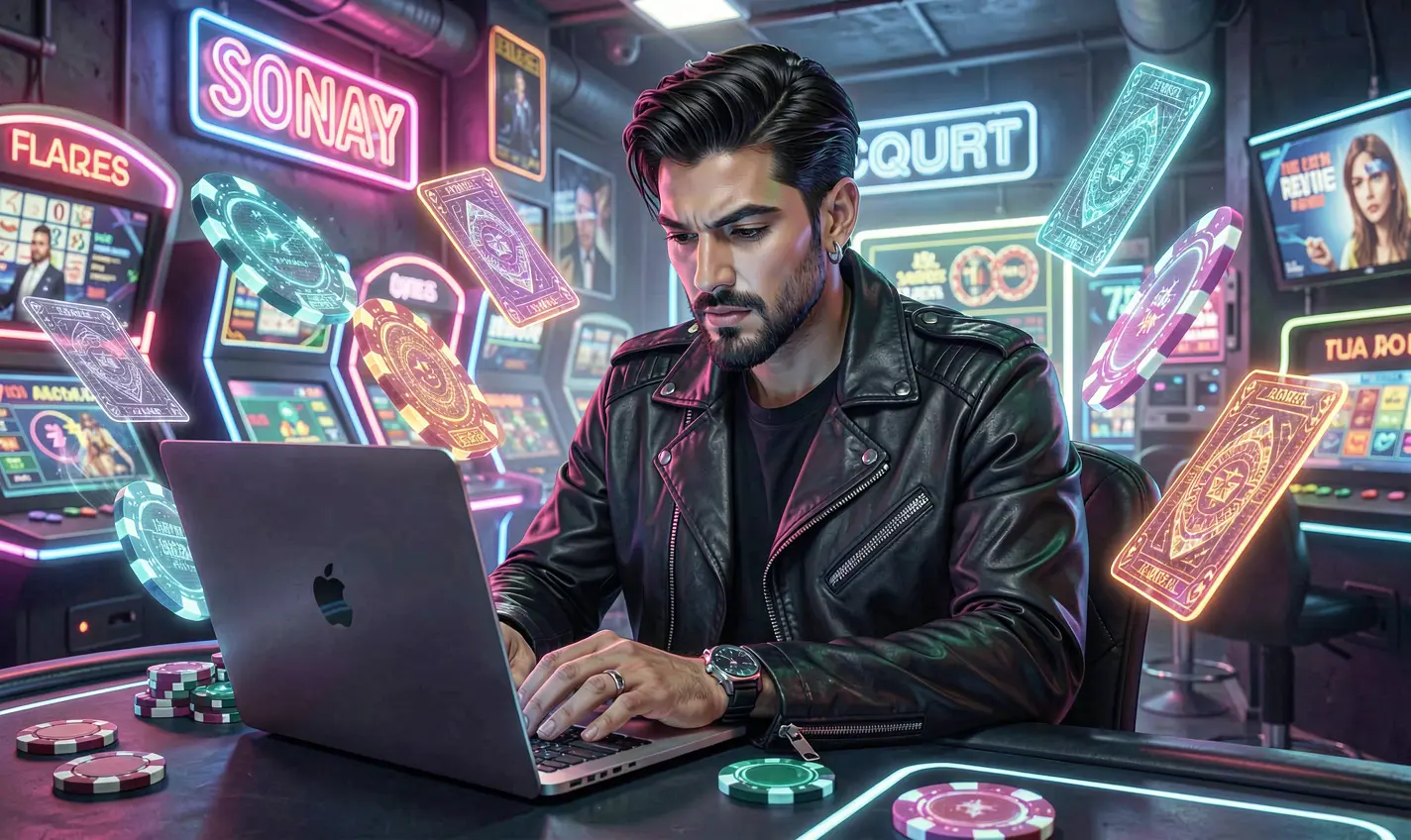 TK288 Games – Explore a wide range of casino games designed for Bangladesh A confident player analyzing online casino games on a laptop surrounded by glowing digital cards and chips representing the dynamic TK288 gaming environment in Bangladesh