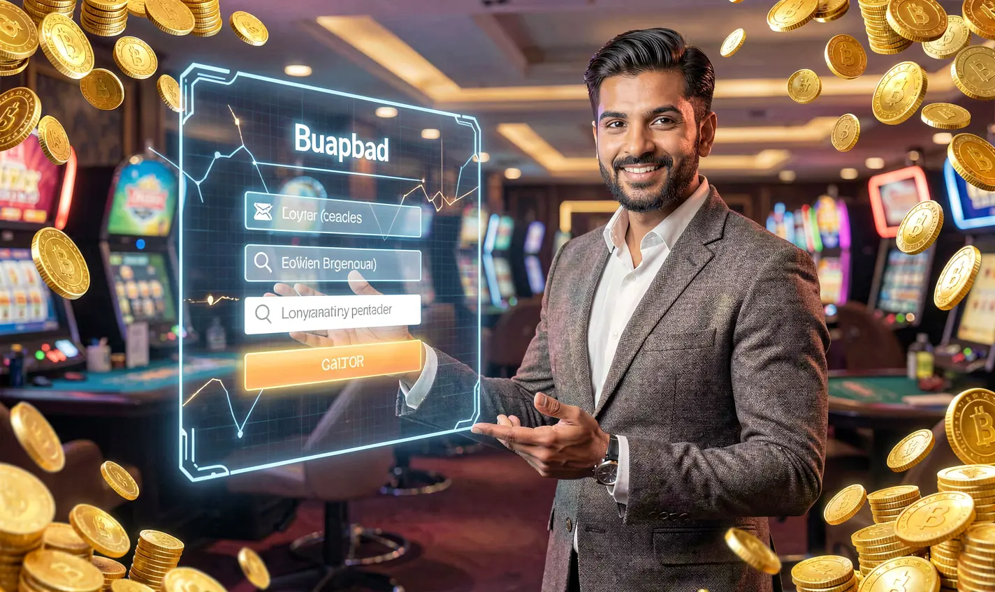Confident Bangladeshi casino presenter surrounded by glowing coins with a futuristic login interface behind him showcasing secure access at TK288
