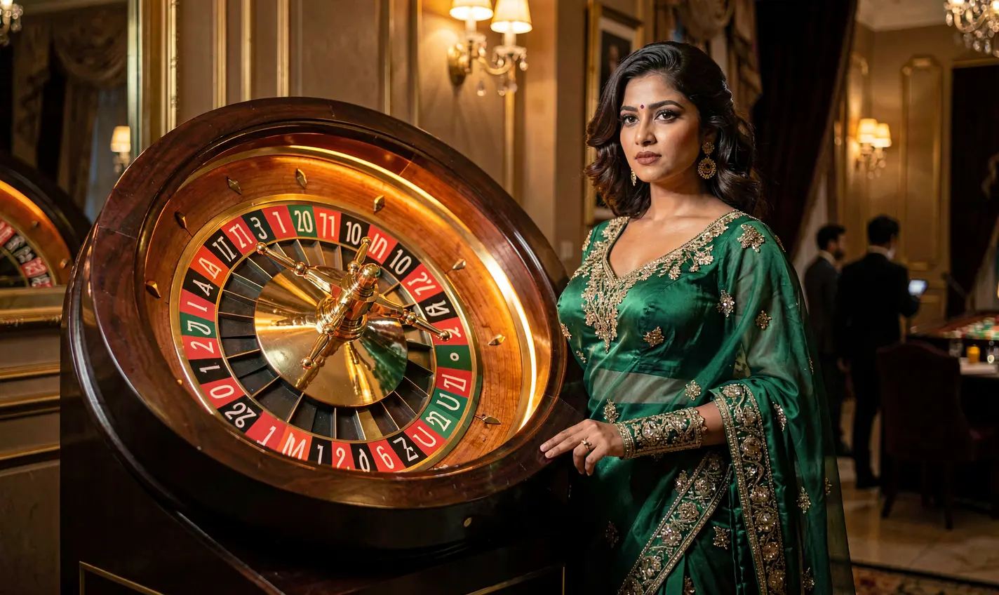 Stylish casino hostess in a green evening dress beside a modern roulette table showcasing the immersive live casino experience at TK288 for Bangladesh players