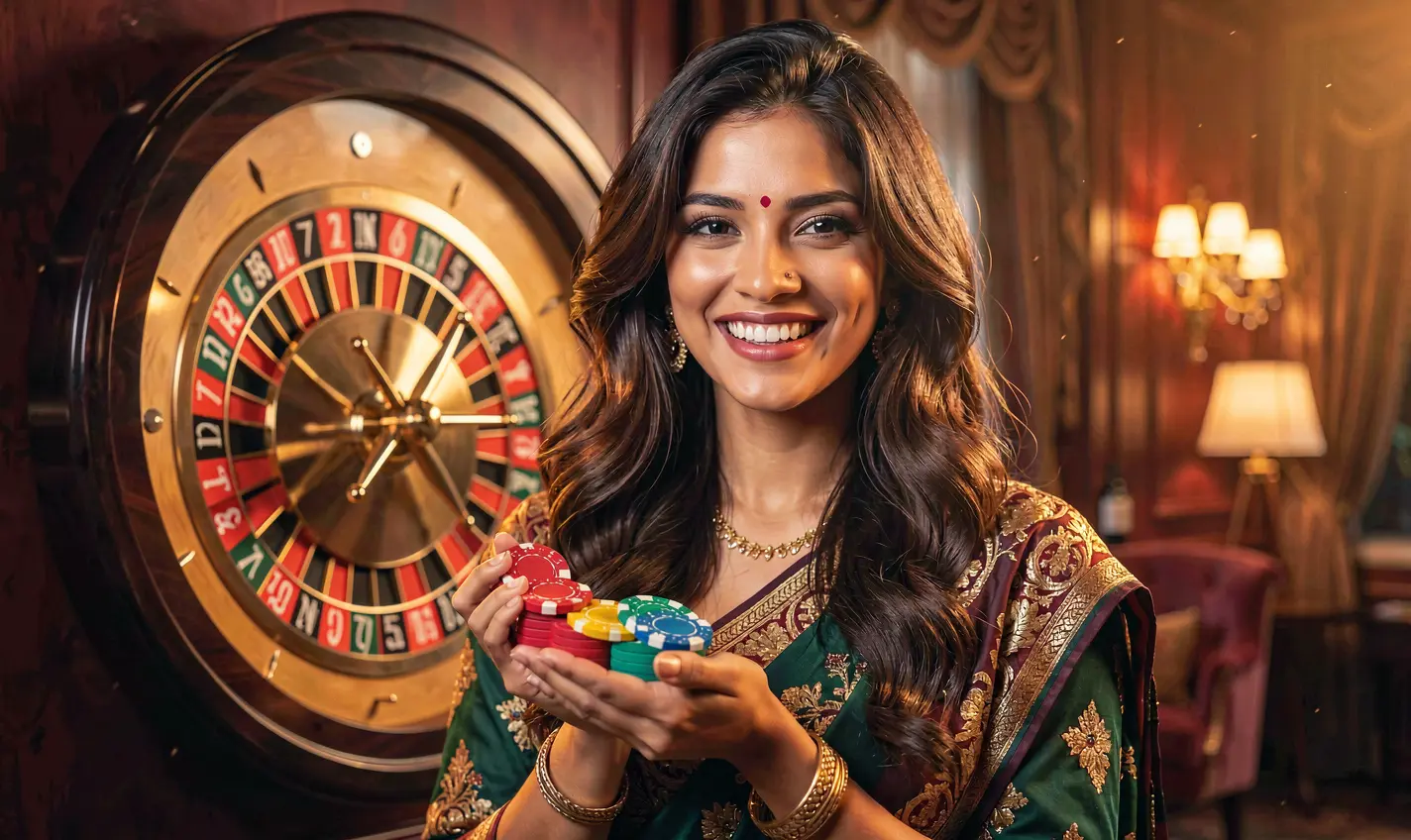 Confident casino player holding chips in a luxurious gaming hall showcasing the high quality online casino experience at TK288 for Bangladesh