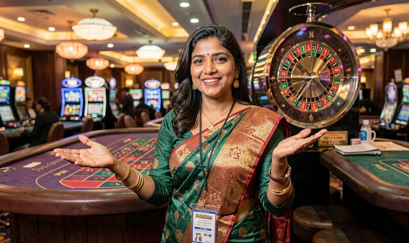 Elegant casino hostess presenting live games with a glowing roulette wheel behind her representing the premium TK288 online casino experience for Bangladesh
